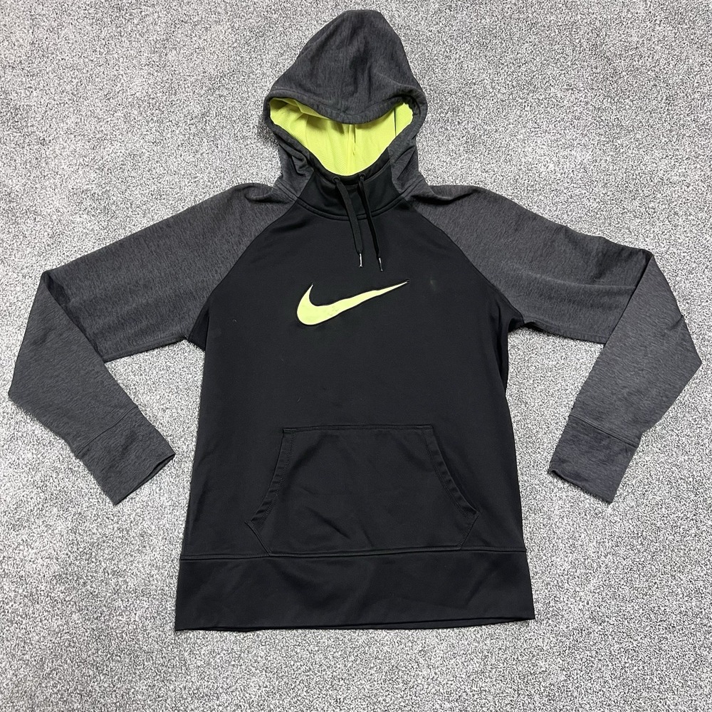 Nike Therma Fit Hoodie Mens Large Black Gray Pullover Swoosh Athletic